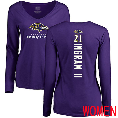 Baltimore Ravens Purple Women Mark Ingram II Backer NFL Football #21 Long Sleeve T Shirt